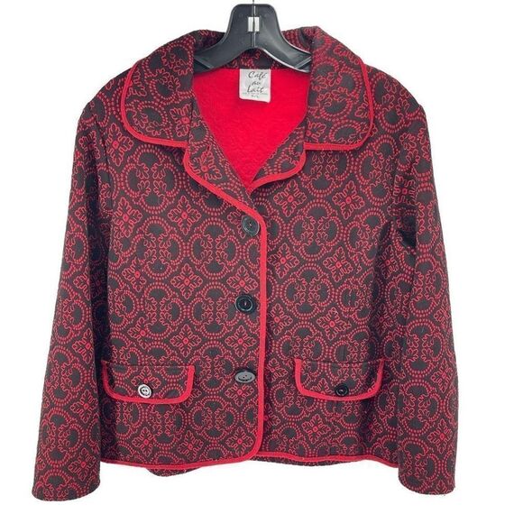 Cafe Au Lait Womens Vintage Blazer Jacket Patterned Button Up Black Red Large - Picture 9 of 10